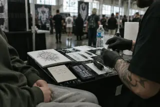 Tattoo convention preparation table with sealed supplies, sketches, appointment notes, and a client waiting quietly amid a blurred crowd.